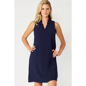 Crown & Ivy Navy Blue Ruffle Neck Sleeveless Shift Dress - Size XL Womens